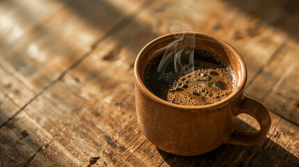 A steaming mug of rich, dark coffee rests on a rustic wooden surface, bathed in warm, natural sunlight. The steam gently rises, hinting at its warmth and aroma.