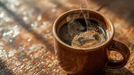 Close-up of a steaming cup of coffee on a rustic wooden table, with soft morning sunlight creating bokeh effects.