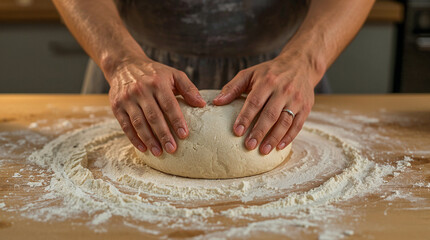 A baker's hands knead a ball of dough on a flour-dusted wooden table, creating a circular pattern of flour around it. Close-up.