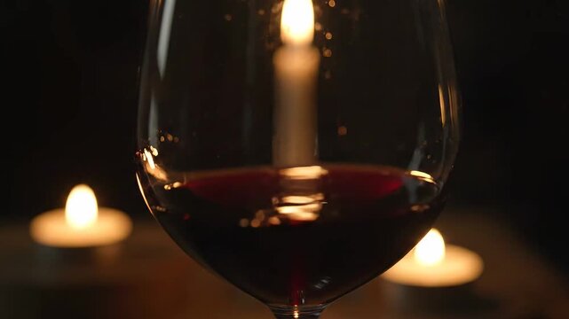 Red Wine Pouring into Glass with Candles.