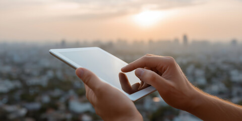 Elegant Hands Using Tablet Against Urban Sunset Skyline Background