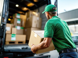 Delivery Driver Unloading Cardboard Boxes from Van in Busy Shipping Area During Daylight