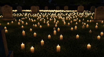 Undas candle field, hundreds of small candles flickering in cemetery lawn, glowing like stars across grass