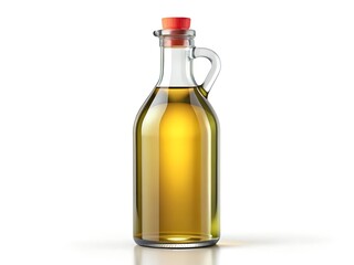 Glass Bottle of Golden Olive Oil with Cork Stopper on White Background