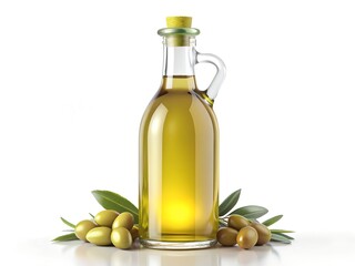 Elegant Glass Bottle of Olive Oil Surrounded by Fresh Green Olives and Leaves