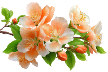 Peachy Blossom Branch With Green Leaves