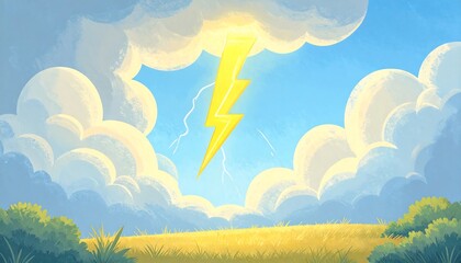 Cartoonish clouds, lightning, field