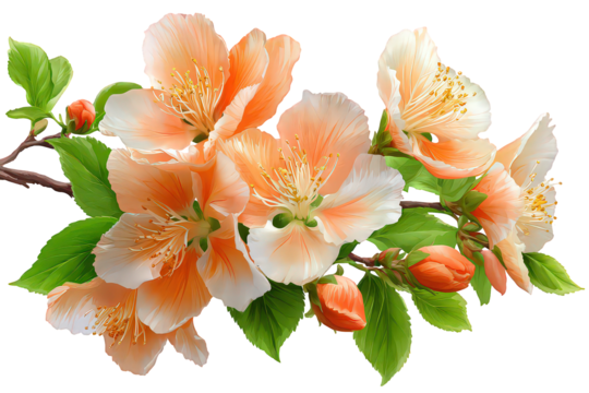 Peachy Blossom Branch With Green Leaves