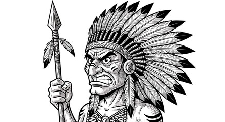 Obraz premium Intense portrait of a Native American figure, holding a spear, showcasing detailed line art and a defiant expression.