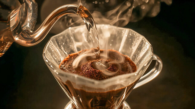 Hot water is poured from a glass kettle onto coffee grounds in a clear glass pour-over dripper, creating steam. - Powered by Adobe