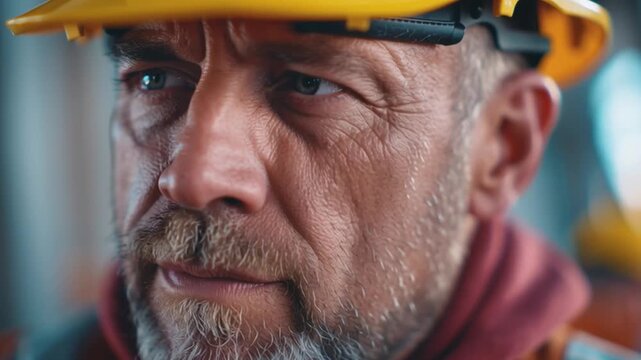 Focused Gaze of the Builder: An intense portrait of a seasoned construction worker, his face etched with experience and determination, wearing protective gear.