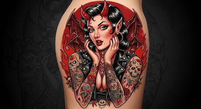 Colorful tattoo design of a pin up girl
