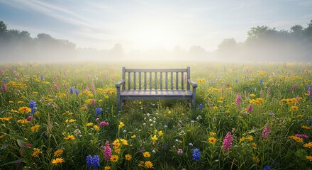 Empty wooden bench in blooming meadow