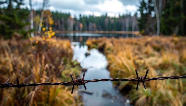 Autumnal lake with barbed wire