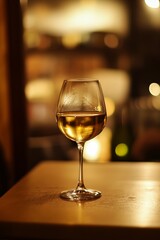 Obraz premium Golden wine glass on a table in a dimly lit room