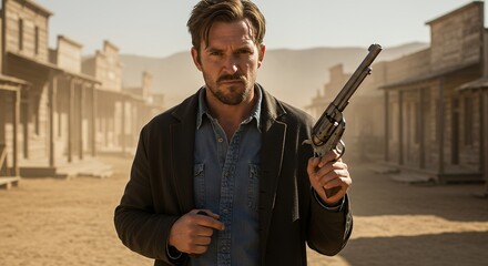 Man with revolver in western town