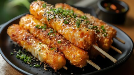 Irresistible golden fried skewers loaded with melted cheese and sprinkled with sesame seeds and chives, a delicious snack.