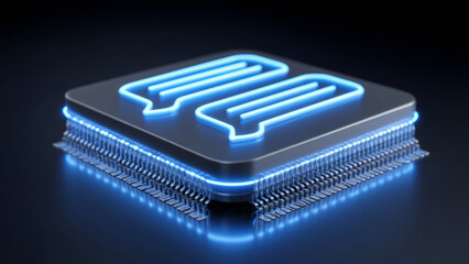 AI customer support for ecommerce concept with glowing chat icon on microchip in futuristic technology style