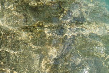 Abstract textured background of sparkling sunlight on a clear riverbed.Ecological and environmental concept. For graphic design, 3D rendering and web banners