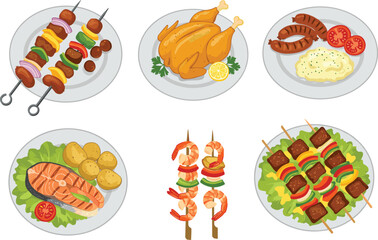 Vector illustration set of grilled meat, seafood skewers, roast chicken, and side dishes on plates