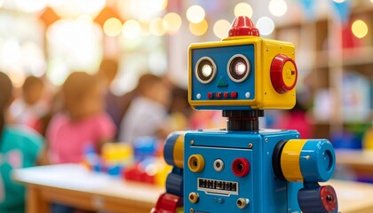 Fototapeta premium a Colorful Robot Toy with Flashing Lights in a Creative Learning Environment