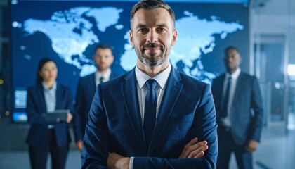 a Confident Business Leader in Front of Diverse Team with Digital World Map