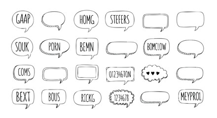 Hand-drawn speech bubbles with diverse text and blank shapes for creative expression and communication