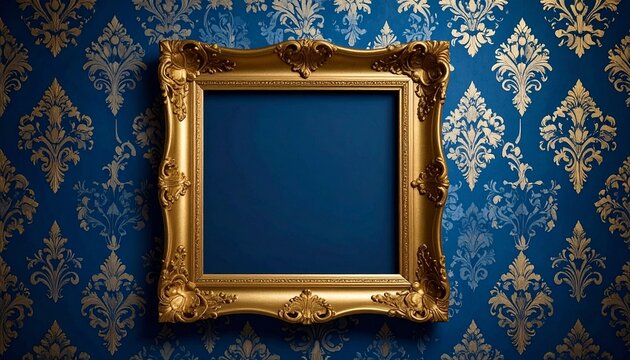 a Ornate gold frame on blue damask pattern background. Vintage style
