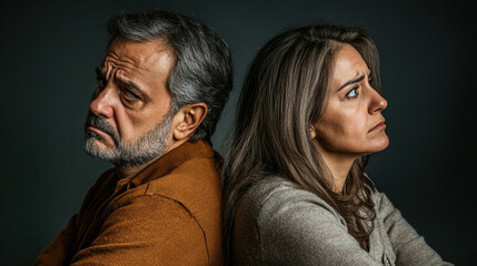 A couple stands back-to-back, displaying expressions of anger and disagreement against a dark backdrop.