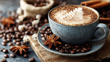 Cozy Coffee Cup with Beautiful Latte Art and Spices on Rustic Background