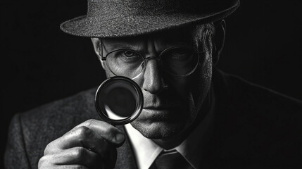 A man in a fedora and glasses intently examines something with a magnifying glass in a dramatic, high-contrast black and white portrait.