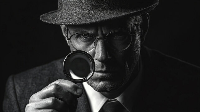 A man in a fedora and glasses intently examines something with a magnifying glass in a dramatic, high-contrast black and white portrait.