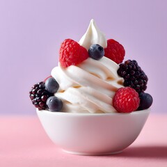 Soft serve ice cream dessert with berry toppings in a bright shop close-up food photography