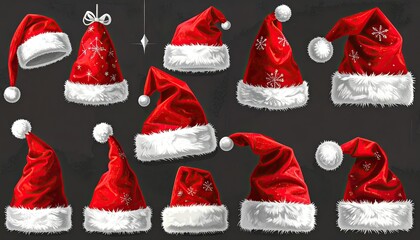Collection of Pixelated Santa Hats on Dark Background Festive Red and White Holiday Headwear
