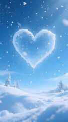 Obraz premium A symbol of love materializes as a whimsical heart-shaped cloud drifting in a serene blue sky over a snowy winter landscape