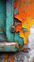 Weathered, multi-colored paint peeling from wood and metal