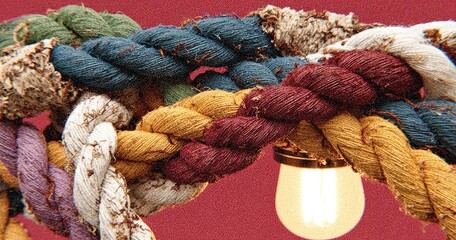 Colorful braided ropes, textured, with warm light bulb