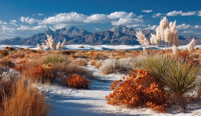 Desert landscape with white sand, mountains, and grasses