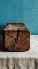 Rustic wooden block on linen cloth