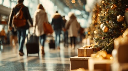 Passengers walking in airport terminal decorated for Christmas, festive mood and travel journey during the holiday season
