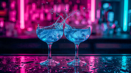 Two elegant glasses of sparkling blue liquid splash together in a vibrant neon-lit bar, creating a dynamic and celebratory scene.