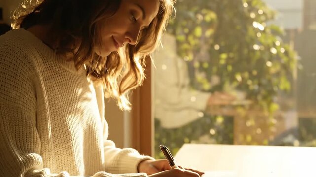 Woman writing in journal with tea by window.