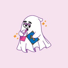 A cute and funny illustration of a tired-looking ghost sipping a drink from a cup with a straw while holding a blue book with a cross on it.