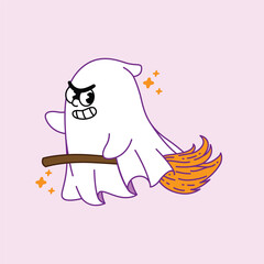 A spooky and funny ghost character with a determined expression flying on a magic broom. Halloween vector illustration isolated on a light background.