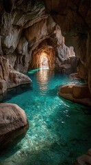 Cave pool, sunlight, turquoise water