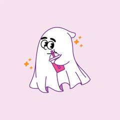 An adorable and funny cartoon ghost character with big eyes, sipping a pink beverage from a cup with a straw. Isolated vector illustration on a light purple background.