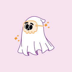 An adorable and funny illustration of a spooky ghost in a sheet costume wearing a skull mask. Simple flat vector design with sparkles, isolated on a light purple background.