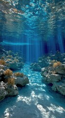 Underwater coral reef scene, sunlight beams through water