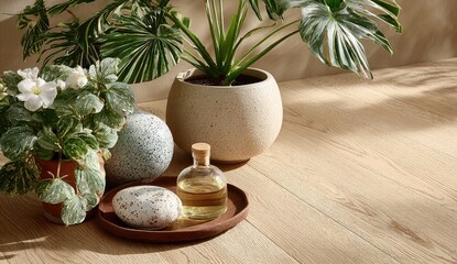 Plants, pots, and a tray on light wood
