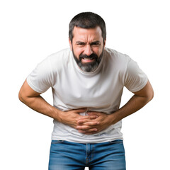 Man clutching stomach in pain discomfort digestive issues health problem medical condition